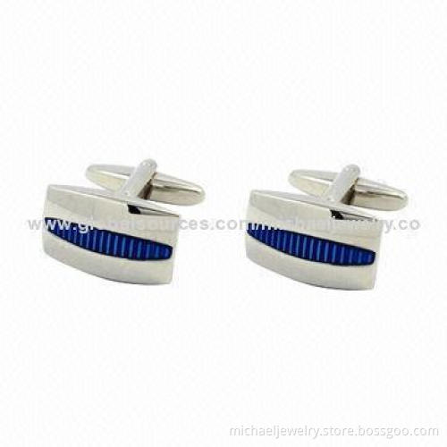 Brass Cufflinks with Blue Transparent Epoxy and White Steel Plated, Nickel-free